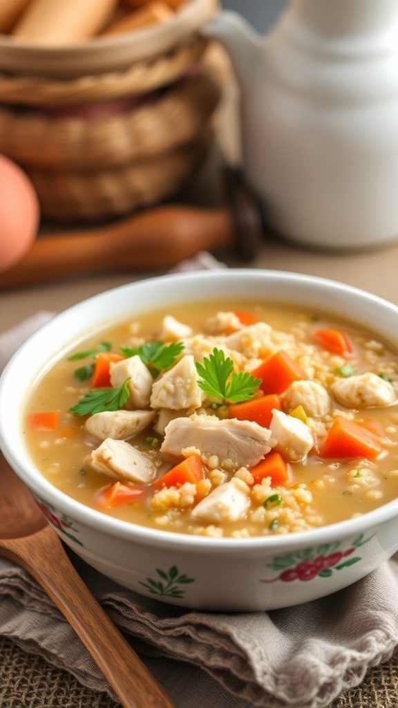 A bowl of hearty chicken quinoa soup with vegetables and quinoa, garnished with parsley, on a rustic kitchen table.